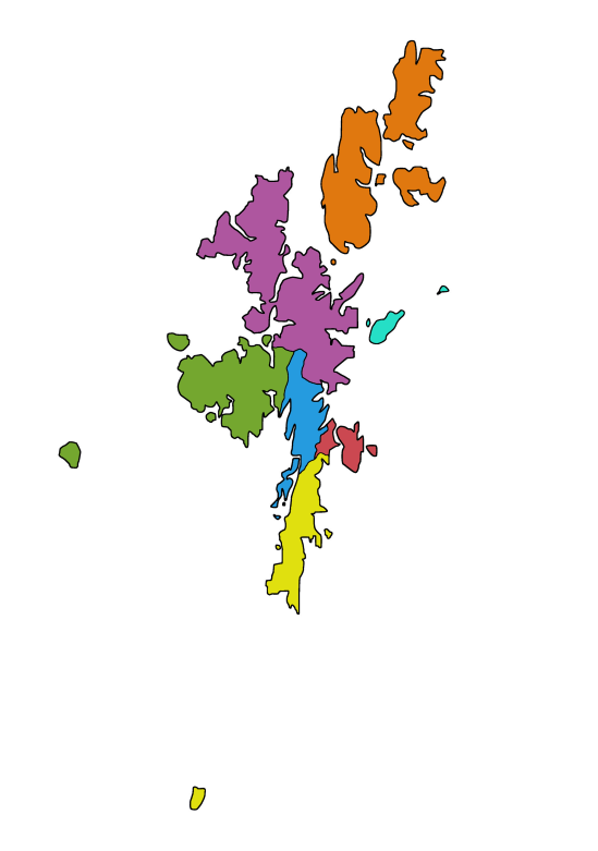 A map of Shetland, with each locality marked out by a specific colour. Lerwick and Bressay is red, Shetland Central blue, Shetland South yellow, Shetland West green, Shetland North purple, Yell Unst and Fetlar orange, Whalsay and Skerries teal.