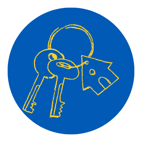 A blue circle with a set of keys in the middle.