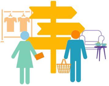 A picture of two stylised figures, one holding a purse and one a shopping basket, stood in front of a signpost with 3 arrows, a clothes rail and an armchair and coffee table with teacup and teapot on it.