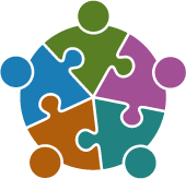 5 figures in a circular jigsaw, green connected to purple, connected to teal, connected to orange, connected to blue, connected to green.