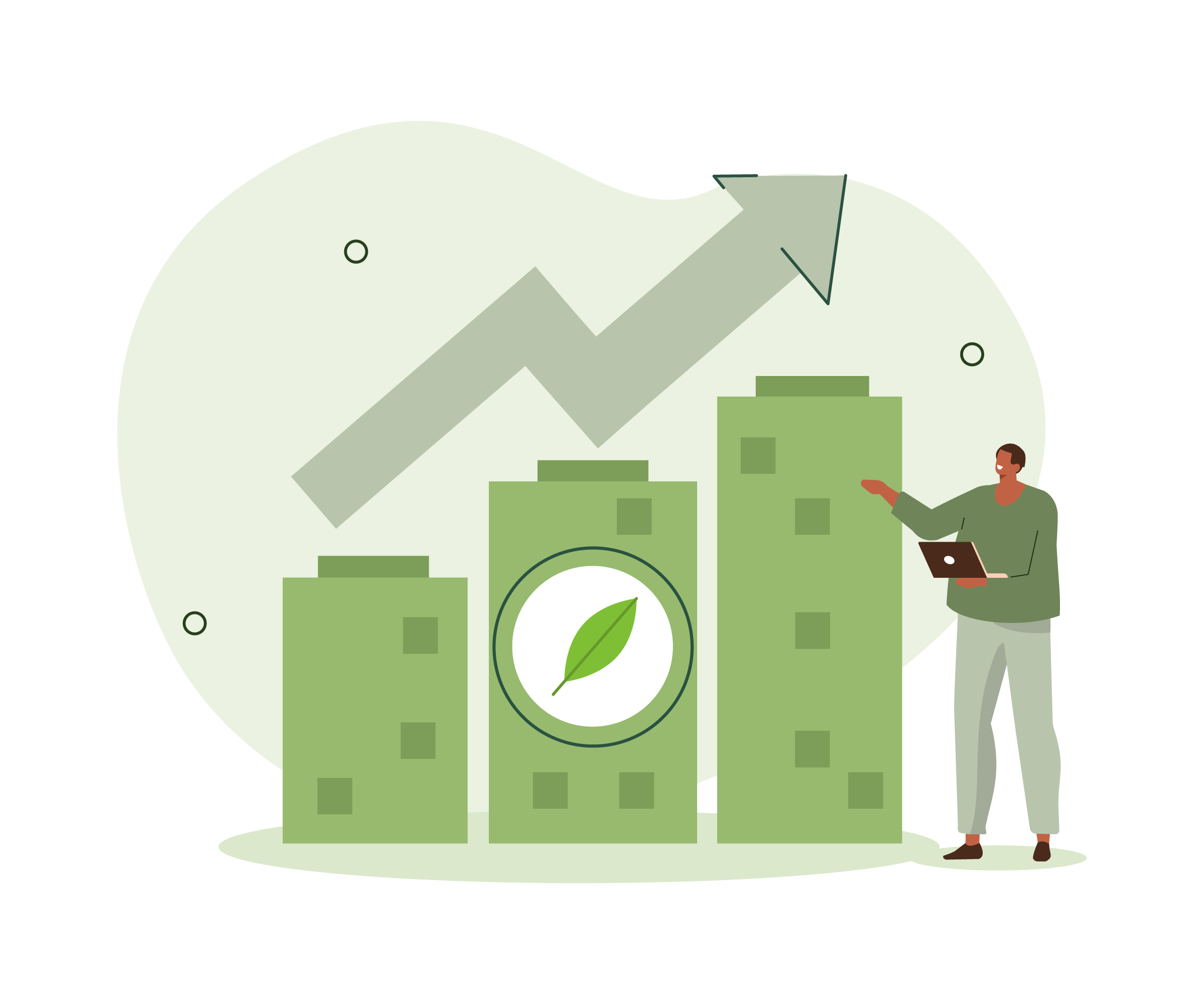 A bar chart showing growth, where the bars are buildings. The middle one has a green leaf over it. Above the bars is an arrow going up at a diagnol. A man is stood with a laptop next to the biggest bar.