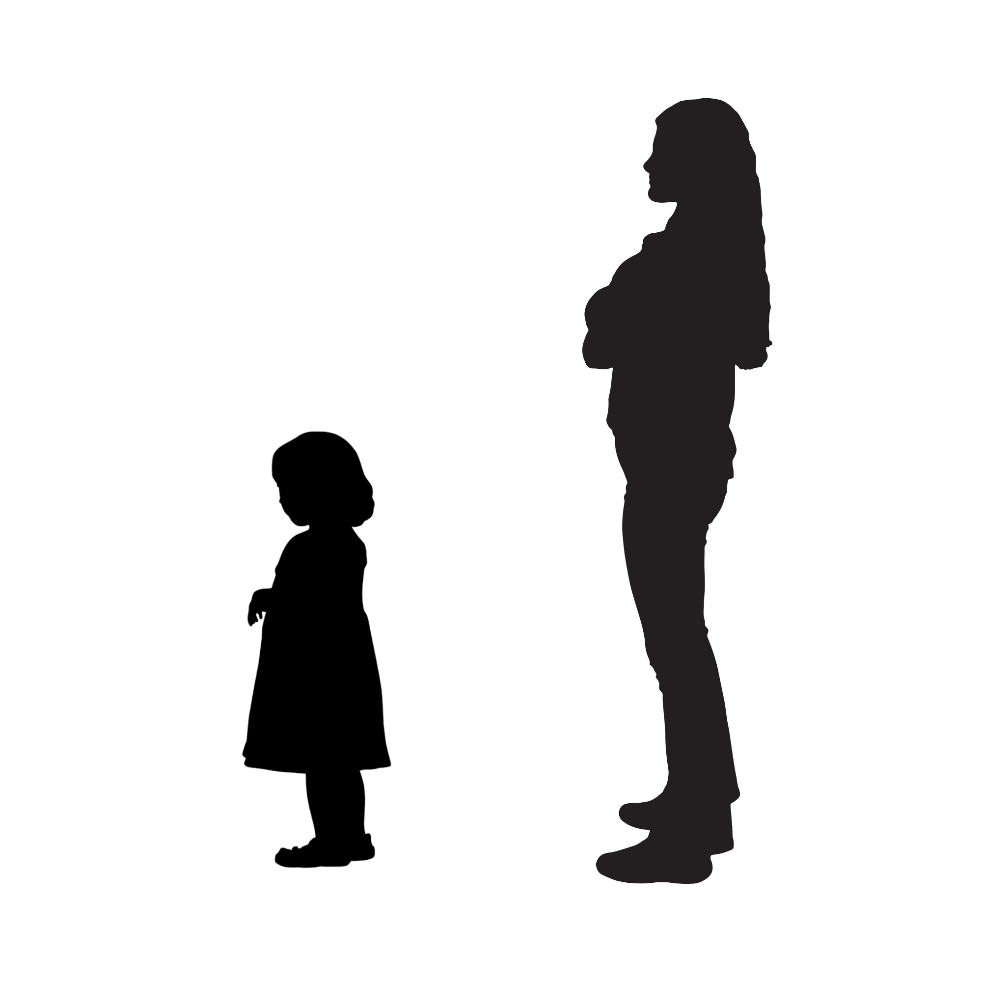 A silhouette of a girl with her hands in front of her, next to a silhouette of a woman with arms folded