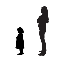 A silhouette of a girl with her hands in front of her, next to a silhouette of a woman with arms folded