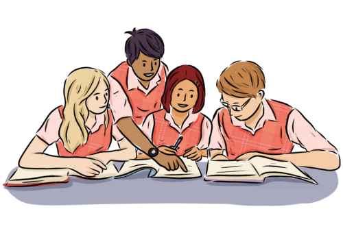 4 people gathered round a table looking at some documents.