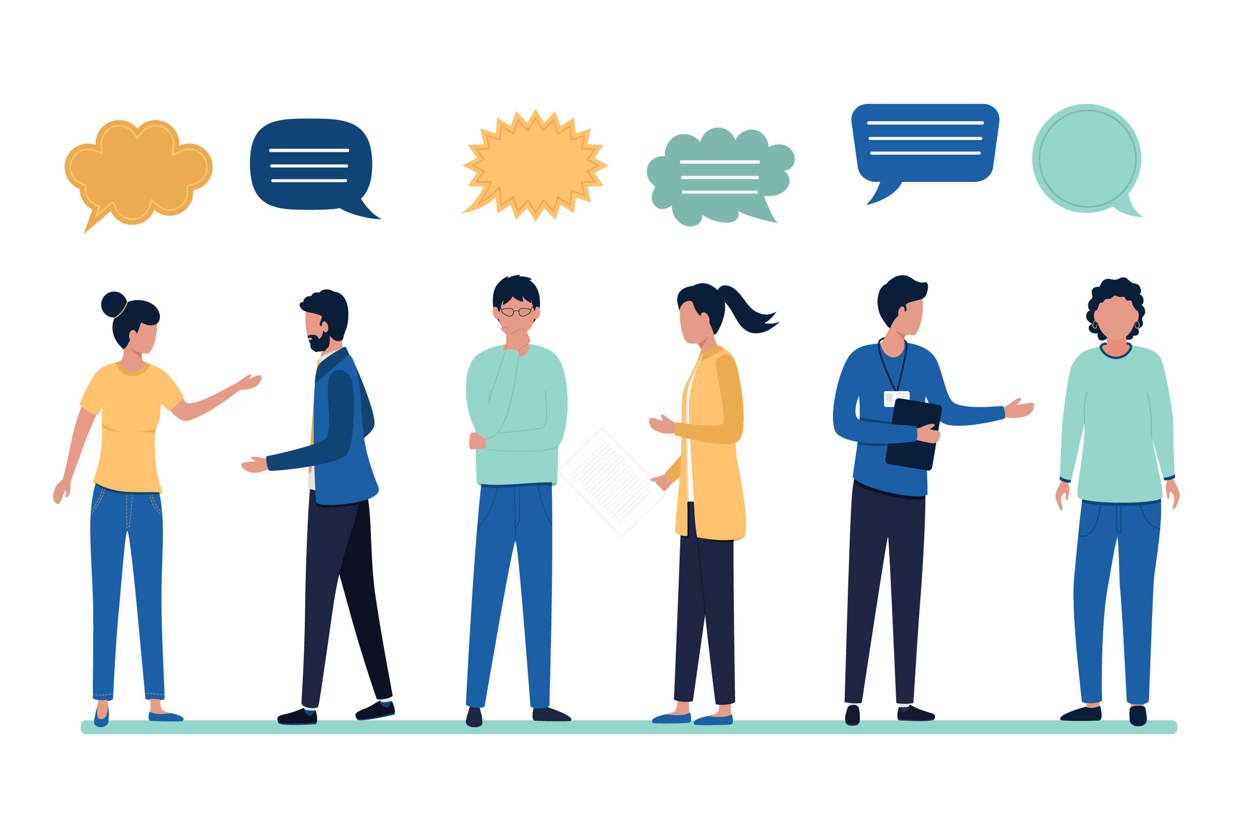 illustration of 6 people talking to each other with speech bubbles above their heads.