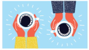 Two set of hands holding coffee cups sitting opposite each other