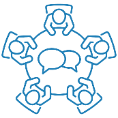 Icon of a group of people sat sat round a table with speech bubbles going between them.