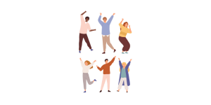 A group of six figures in with their hands up in the air, having fun.