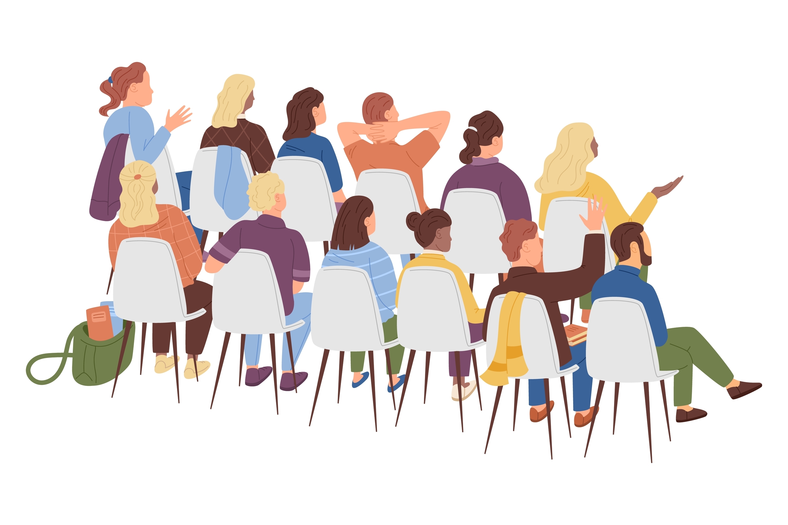 illustration of people sitting in chairs facing the same direction