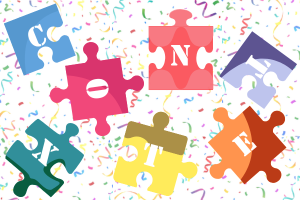 a confetti background with 7 different coloured jigsaw pieces with the letters from the word Context on them.