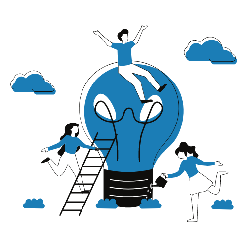 A large lightbulb with two people next to it on either side (one watering it with a watering can, the other climbing a ladder), with one person sat on top.