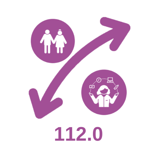 arrow pointing in two directions with icons of people, and a scientist. Icon is purple, with number 112.0 written.