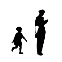 A silhouette of a girl running next to a silhouette of a woman stood reading