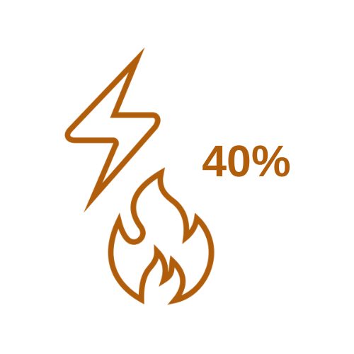 An orange line drawing of a lighting bolt over a flame, with 40% written next to them