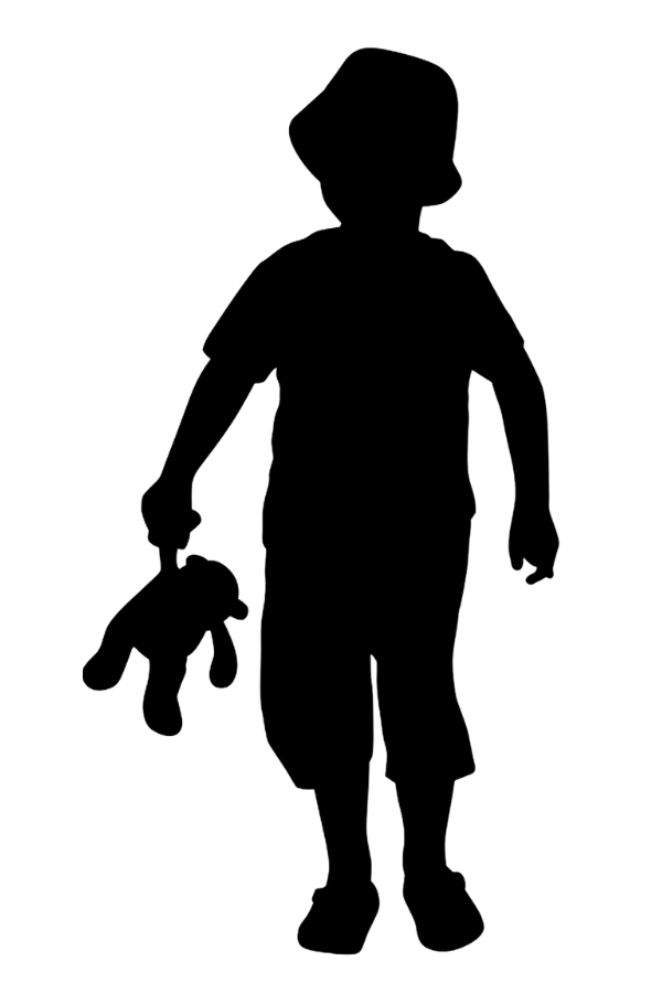 A silhouette of a boy in a bucket hat carrying a teddy bear.