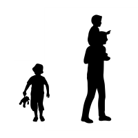 A silhouette of a boy holding a teddy bear, next to a silhouette of a man with a child on his shoulders.