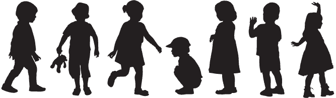 Silhouettes of the seven children in a line