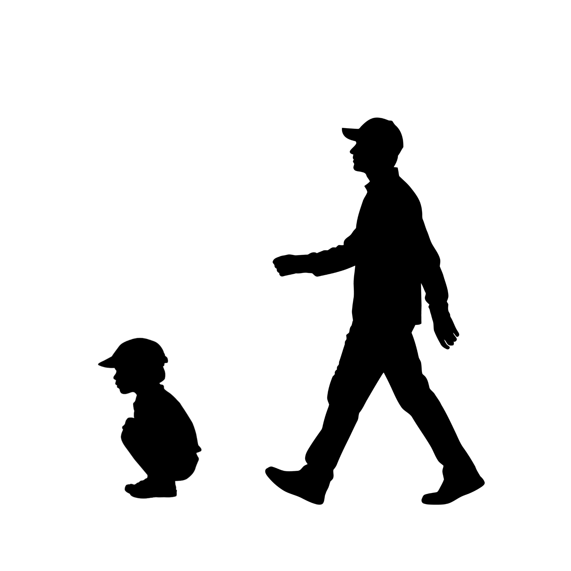 A silhouette of a boy crouching, next to a silhouette of a man walking