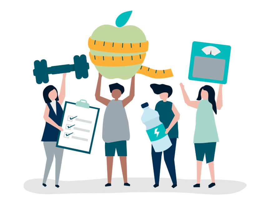 An image of 4 people, holding exercise equipment or healthy activities.