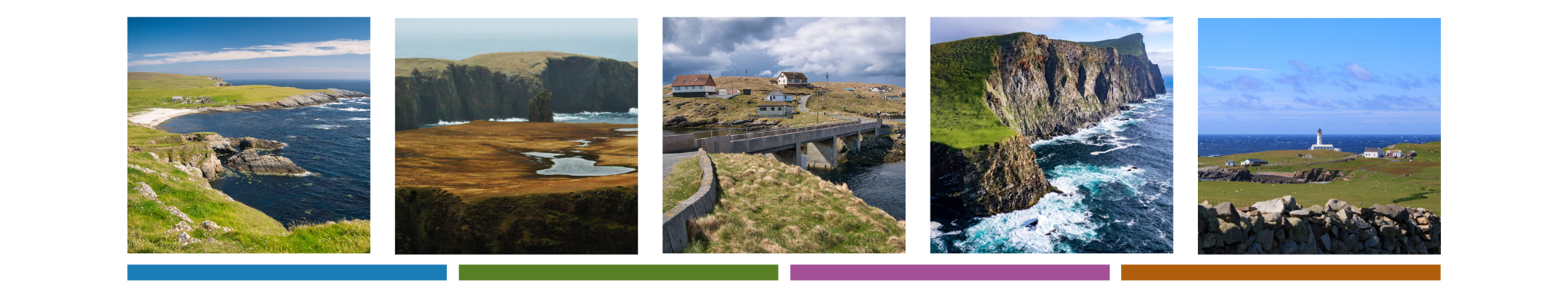 a collage of 5 photos, one of each of the islands of Fetlar, Papa Stour, Skerries, Foula and Fair isle