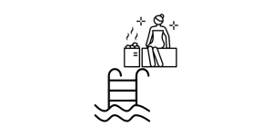 Line drawings of a women in a health suit and a swimming pool ladder.