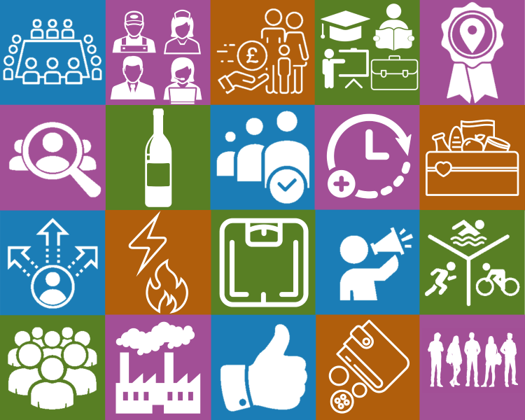 A collage of the Shetland Partnership indicator graphics, with white graphics over the relevant priority colour.