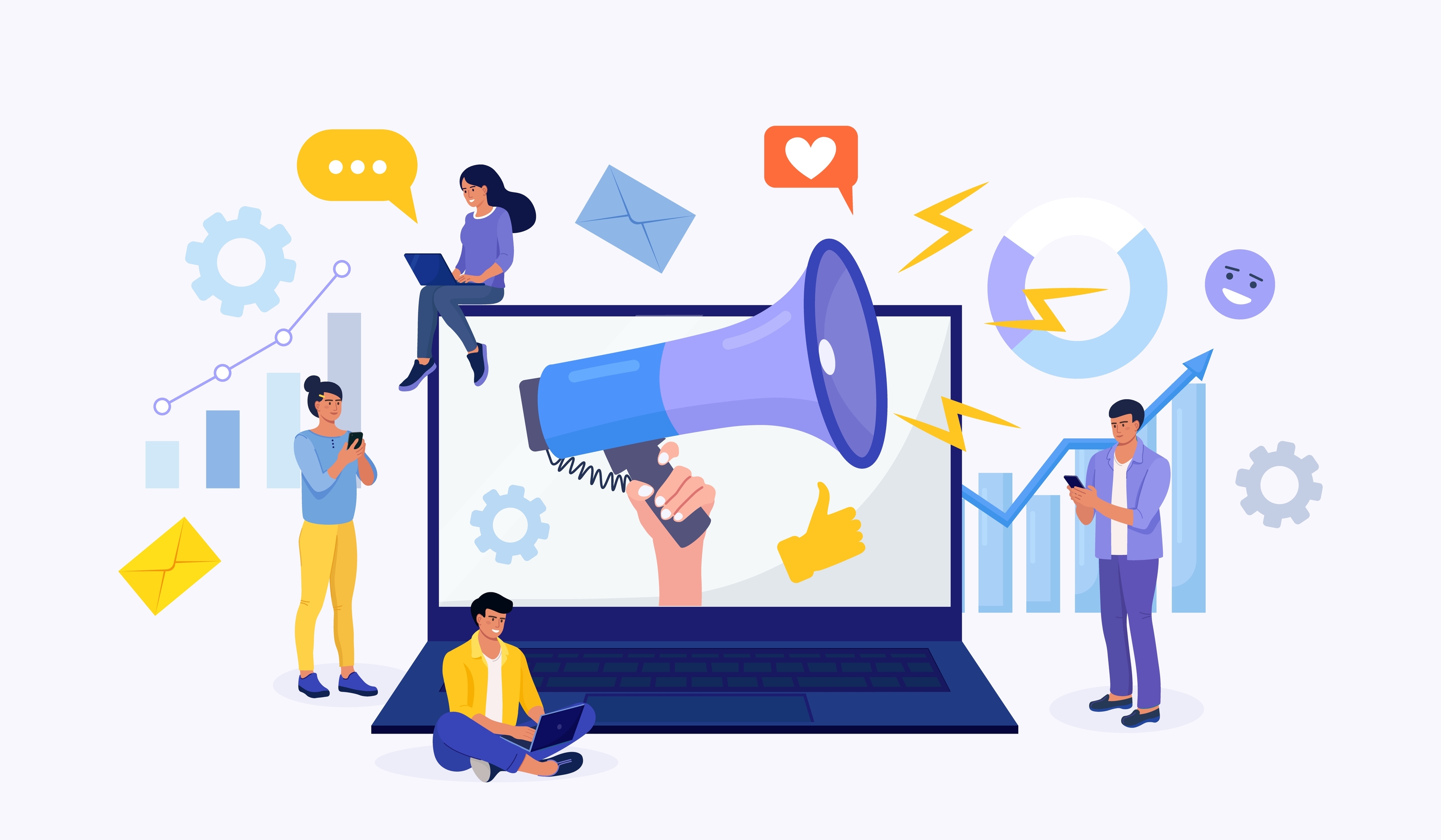 purple megaphone and speech bubbles with illustrations of people