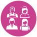 A pink circle with 4 white silhouettes of different workers.