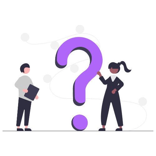 Two people either side of a giant purple question mark.