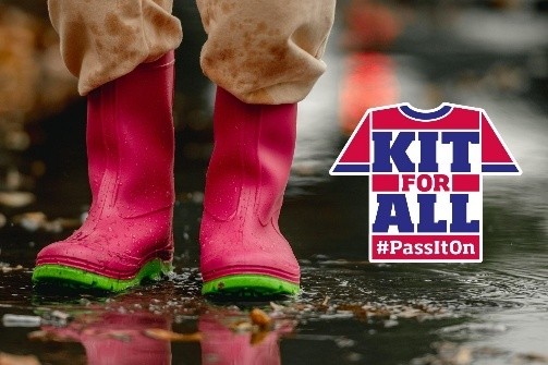 A pair of red boots in a puddle next to the Kit4All logo.