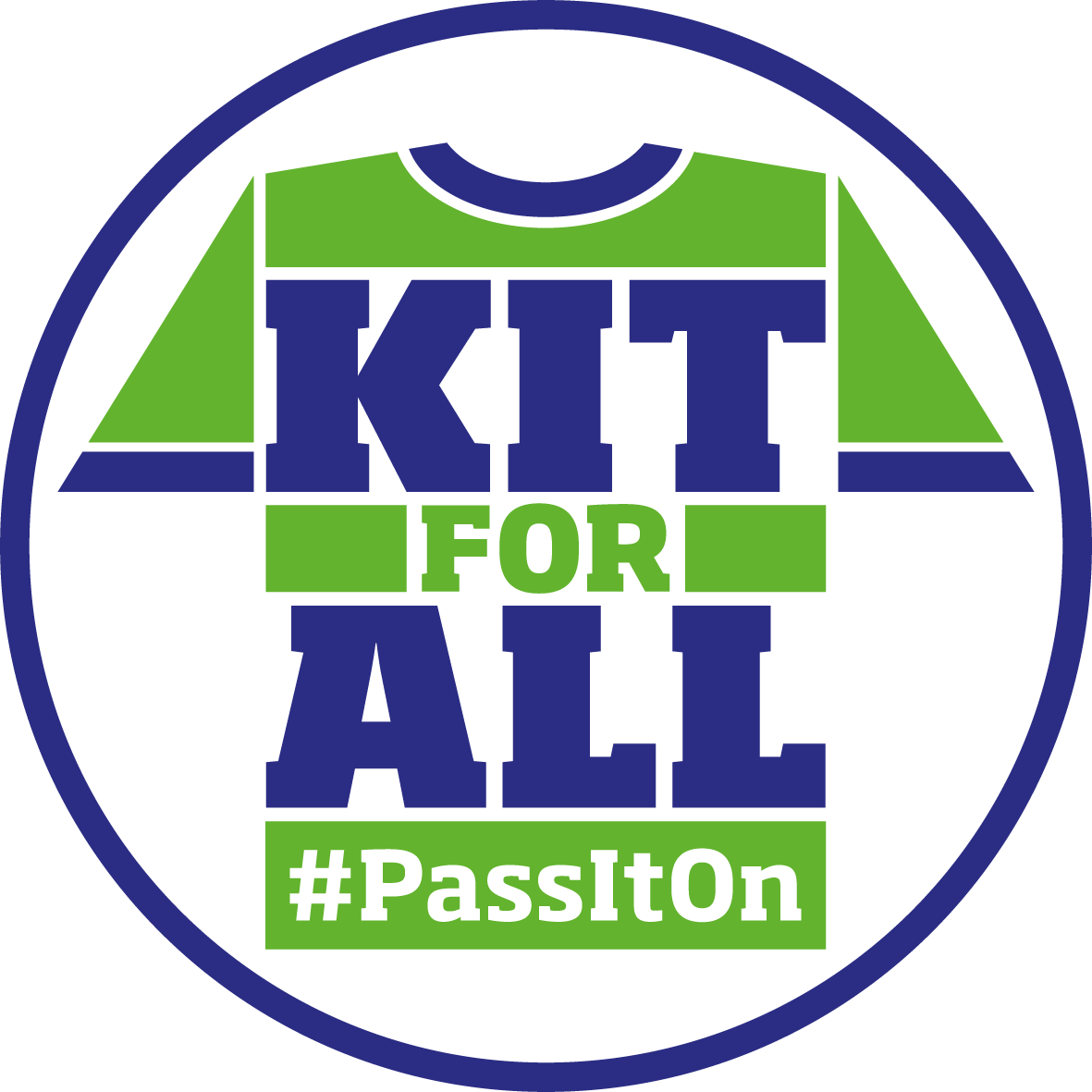 Kit for All logo with green shirt and circle around it. Hashtag, pass it on. 