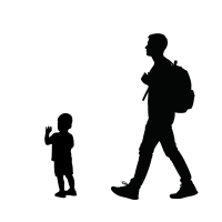 A silhouette of a boy with is hand up, next to a silhouette of a man walking with a backpack
