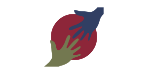Two hands reaching out to each other, one green, one blue, with a red circle in the background behind the hands