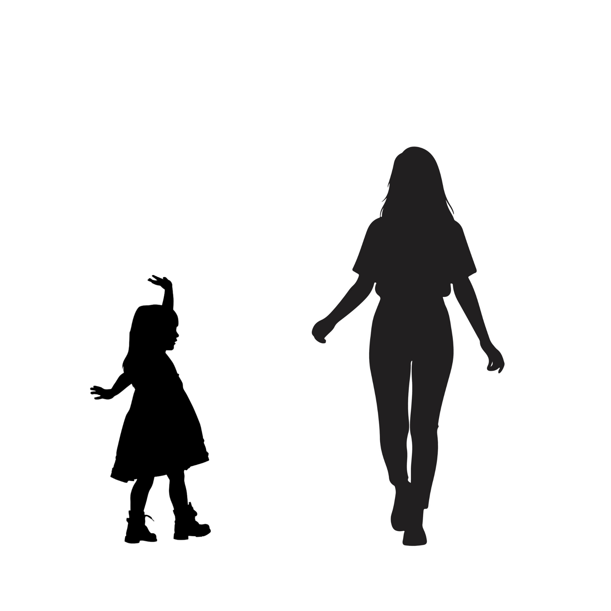 A silhouette of a girl dancing, next to a silhouette of a woman walking forward with arms out