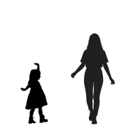 A silhouette of a girl dancing, next to a silhouette of a woman walking forward with arms out