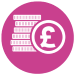 A pink circle with a white depiction of a pile of coins next to a pound sign inside.