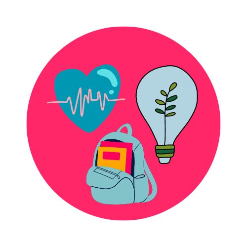 Circle with heart with heart monitor, school bag and lightbulb with plant growing through it.