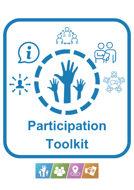 Participation Toolkit logo with image of hands pointing up together and icons for methods above.