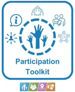 Participation Toolkit logo with image of hands pointing up together and icons for methods above.