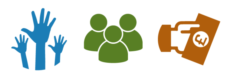 The Participation logo (3 blue hands being held up) and the People logo (3 green people silhouettes), and the Money logo (an hand holding a monetary note), side by side.