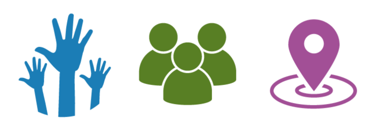 An icon of three blue hands together, three green people silhouettes and a purple location icon