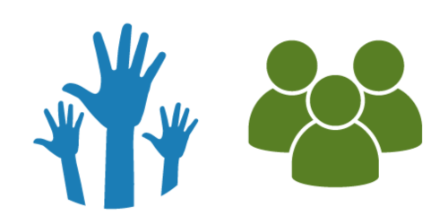 Two icons. The first is three Blue hands held up to represent participation. The second is three green silhouettes of the heads and shoulders of three people huddled together.
