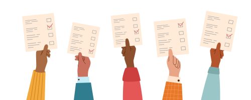 An illustration of 5 hands holding up voting forms