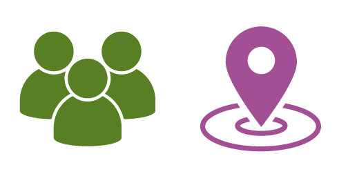 Green icon of 3 people and purple icon of a pin point for a map