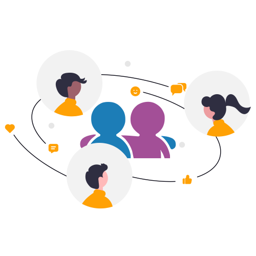 he person centred delivery icon (two people with arms round each other), surrounded by swirling lines, communication icons in yellow and three bubbles with people depicted in them.