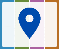 A stylised image of a place marker with a background of for stipes. These are blue, green, purple and orange.