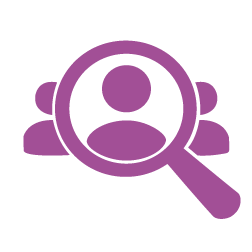 Purple infographic of 3 people and a magnifying glass.