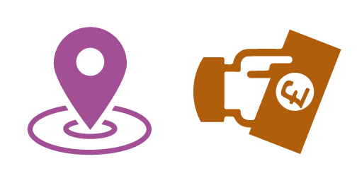 location pin in purple to represent place and hand holding wallet in orange to represent money