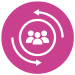 A pink circle with a white icon of 3 figures inside a circle, with two curved arrows around each side.
