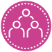 A pink circle with three figures outlined in white, with a dotted white circle around them.